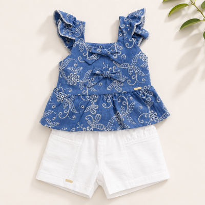 Conj. Bata com Flores Bordadas e Short em Sarja - Azul e Off